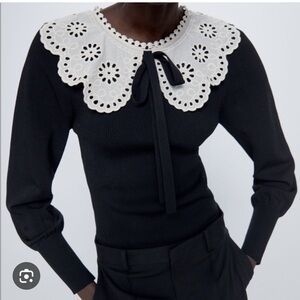 NEW ZARA BLACK CONTRASTING RIBBED SWEATER WITH OVERSIZED WHITE COLLAR, S